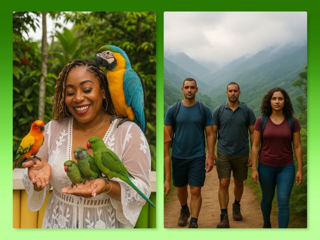 Woman interacting with colorful parrots and hikers on a lush mountain trail in Jamaica