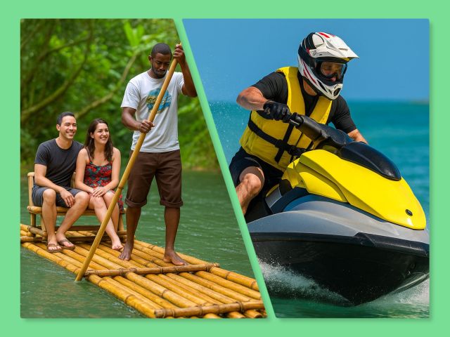Bamboo rafting on a river and jet ski riding on the Caribbean Sea in Jamaica